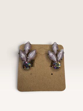 1950s Weiss Purple Porphyry Glass Navette AB Crystal Clip Earrings 1.17" Vintage